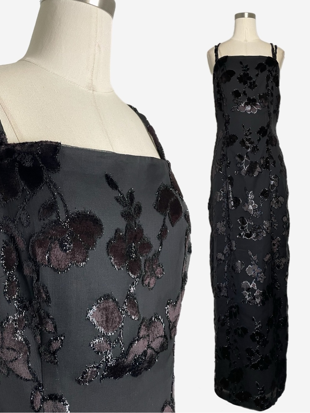 Vintage Y2K City Triangles NWT black velvet floral open back formal gown S/M